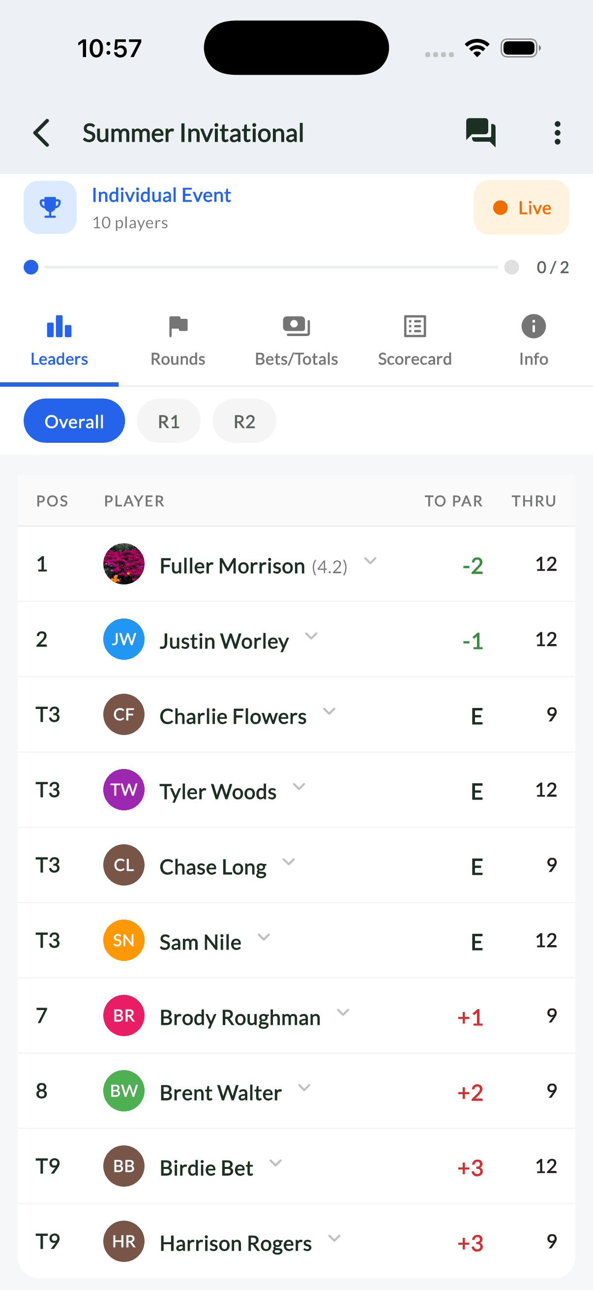 Live leaderboard for multi-day event